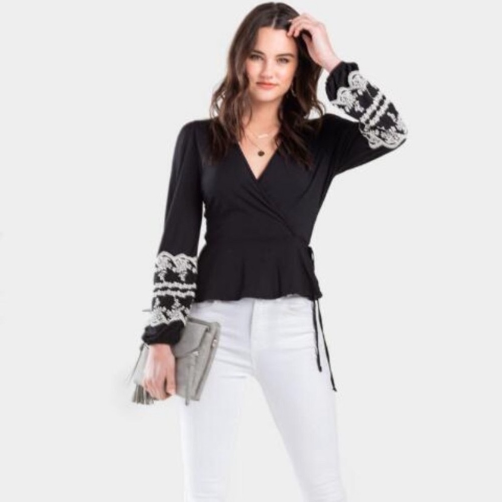 Francescas Embroidered Wrap Top Long Sleeve Blouse